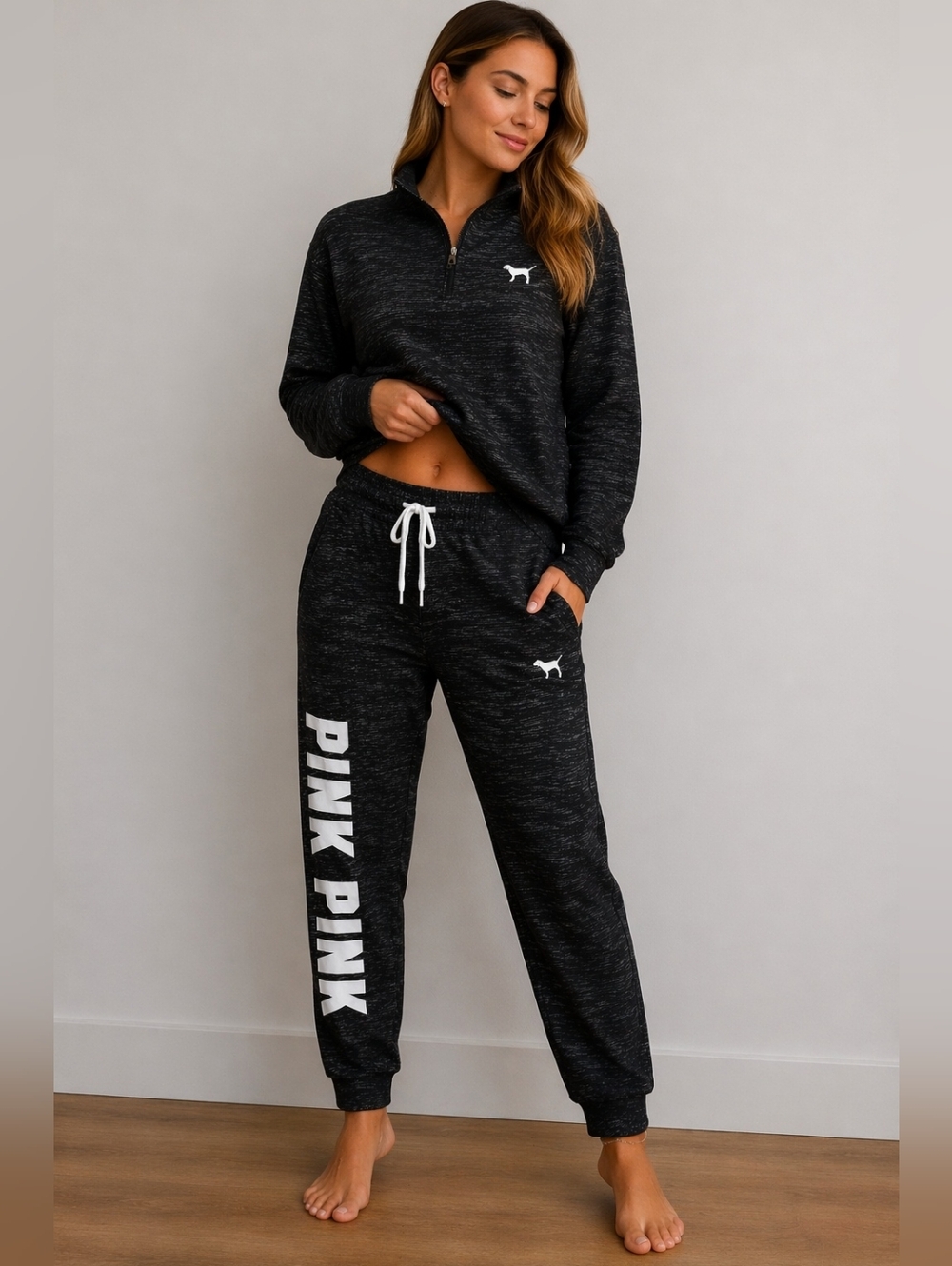 Victoria’s Secret PINK Marled Grey Jogger Set | Quarter-Zip & Joggers | Size M - Picture 2 of 11